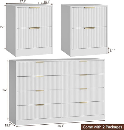 8 Drawer Dresser & Nightstand Set 3-Piece, 55” Wide Fluted Dresser and Night Stand Set of 2 with Metal Handle, Modern Wood Chest of Drawers Storage Dressers Set for Bedroom, White