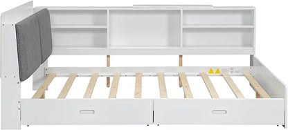 Ball & Cast Full Size Wooden Storage Daybed Frame, Modern Platform Bed with Drawers & Flip Headboard & Shelves, L Shaped Full Floor-Bed w/Upholstered Headboard&Storage, No Box Spring Needed, White