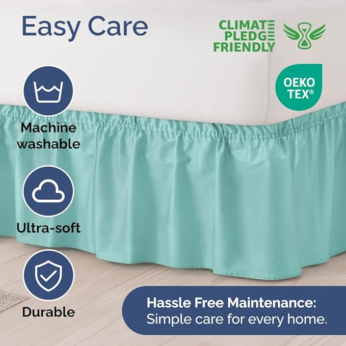 Wrap Around Dust Ruffle Bed Skirt - Spa Blue - for Queen Size Beds with 15 Inch Drop - Elastic Strap - Adjustable Pleated Bedskirt with Brushed Fabric and Wrinkle Free - for Women, Men, Kids & Teens