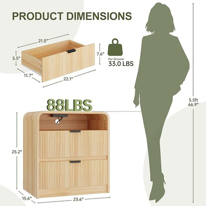 FURSUN 24" Fluted Nightstand with Charging Station, Wooden End Table with 2 Drawers Storage, Curved Profile Design, Modern Bedside Cabinet for Bedroom, Natural Oak