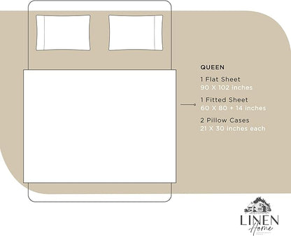 Linen Home 100% Cotton Percale Sheets Queen Size, Light Taupe, Deep Pocket, 4 Pieces Set - 1 Flat, 1 Deep Pocket Fitted Sheet and 2 Pillowcases, Crisp Cool and Strong Bed Linen