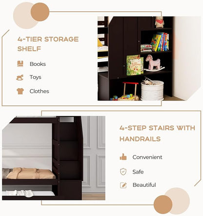 KOTEK Twin Over Twin Bunk Bed with Trundle and Stairs, Solid Wood Bunk Bed Frame with Storage Shelf, Bunk Beds Detachable into 2 Platform Beds for Kids Teens Adults (Espresso)