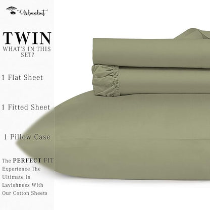 URBANHUT 800 Thread Count 100% Cotton Twin Size Sheets, Luxury 4 Piece Twin Bedsheets, Hotel Sheets Sateen Finish - Better Than Egyptian, 14" Elasticized Deep Pocket - Sage