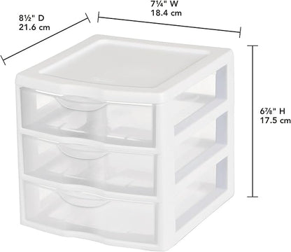 Small 3-Drawer Organizer Unit, Clear Plastic Stackable Drawers for Countertop or Desktop, White
