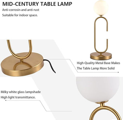 Mid Century C-Shape Table Lamp Gold 2-Light Globe Dimmable Table Lamp with Milk White Glass Gold Nightstand Lamp for Bedroom Bedside,G9 Bulb(Not Included)