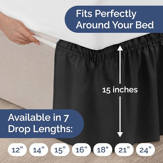 Wrap Around Dust Ruffle Bed Skirt - Black - for King Size Beds with 15 Inch Drop - Easy Fit Elastic Strap - Adjustable Pleated Bedskirt w/Brushed Fabric - Wrinkle Free - for Women, Men, Kids & Teens