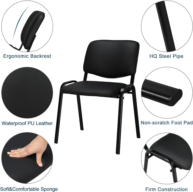 VINGLI Waiting Room Chairs, 10-Pack PU Church Chairs Conference Stackable Set, Office Guest & Reception Stacking for Meeting Room, Lobby, Simple&Space-Saving, Pu-black