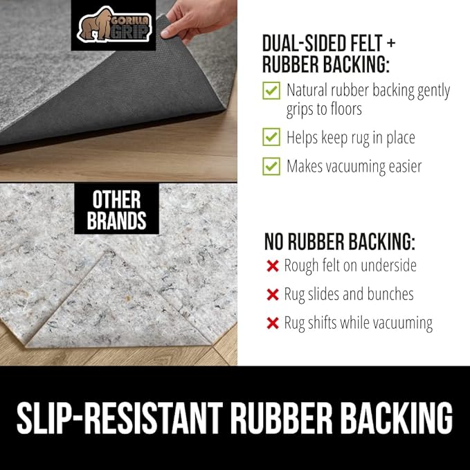 GORILLA GRIP Felt and Natural Rubber Stay in Place Slip Resistant Rug Pad, 1/4in Thick, 5x7 FT Protective Padding Under Area Rugs, Cushioned Gripper Pads, Carpet Runners, Hardwood Floors Protection