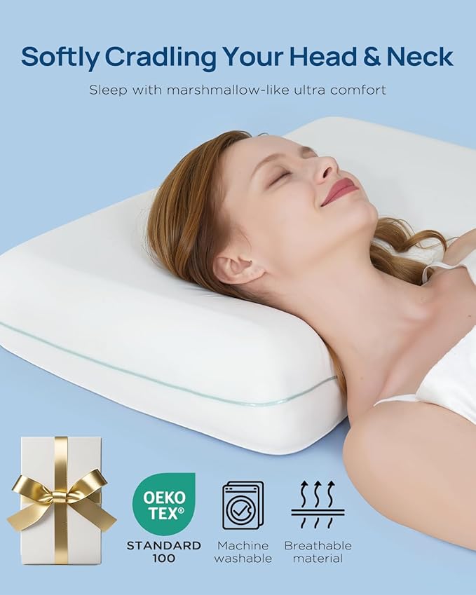 Cooling Soft Memory Foam Pillow, Cervical Neck Pillow for Side Sleepers, Back & Stomach Sleepers, Ergonomic Orthopedic Design for Neck Pain Relief and Deep Sleep, CertiPUR-US