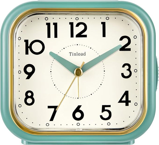 4.3" Retro Analog Alarm Clock • Silent Non Ticking • Gentle Wake • Beep Sounds • Increasing Volume • Battery Operated Snooze and Lighted on Demand • Retro Green