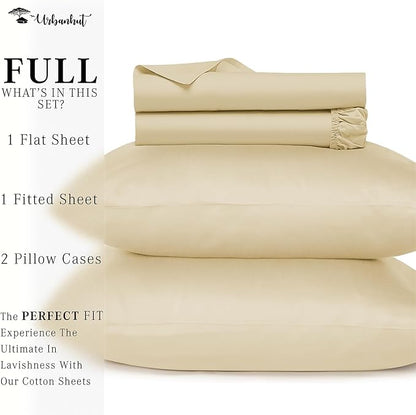 URBANHUT 800 Thread Count 100% Cotton Full Size Sheets, Luxury 4 Piece Full Bedsheets, Hotel Sheets Sateen Finish - Better Than Egyptian, 16" Elasticized Deep Pocket - Sand