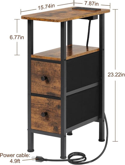 LOAKEKEL Narrow End Table Living Room with Charging Station, Skinny Side Table with Fabric Drawers, Slim Nightstand for Bedroom, Small Spaces, Couch, Brown, HETNDP02BR-1