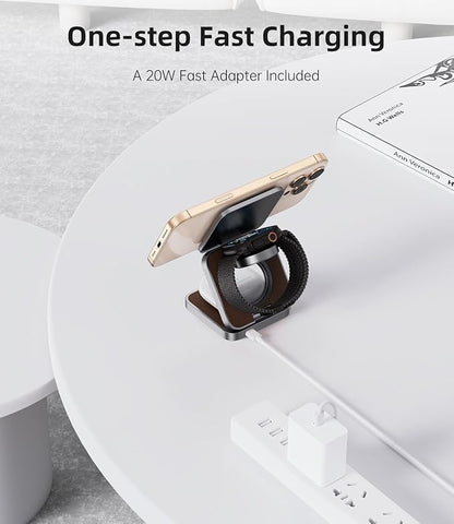 Foldable Magnetic Wireless Charger, KU XIU Aluminum Alloy 3 in 1 Charging Station for Apple, Fast Charging Travel Charger for iPhone 17 16 15 14 13, 5W for Apple Watch Ultra, AirPods, Leather Texture