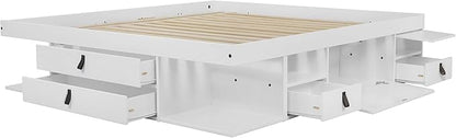 memomad Bali Slim Set: Storage Platform Bed with Drawers + Flat Panel Headboard (Queen Size, White Wood)