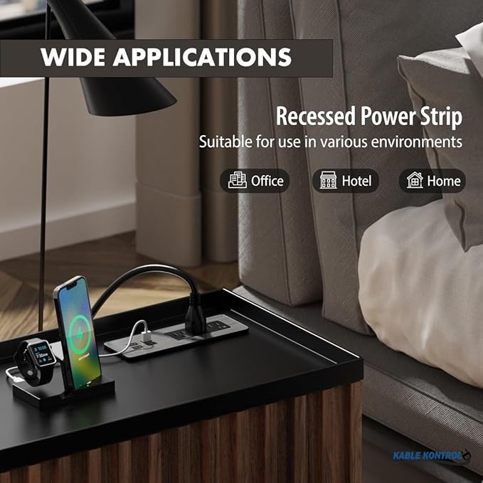 Kable Kontrol Recessed Power Strip Kit with Fast Charging 2 PD65W USB-C Ports, 2 USB-A Ports, 3 Power Desk Outlets, Replaceable Silver Finish Panel Plate Flush Mount Charging Station Grommet - 20 Pcs