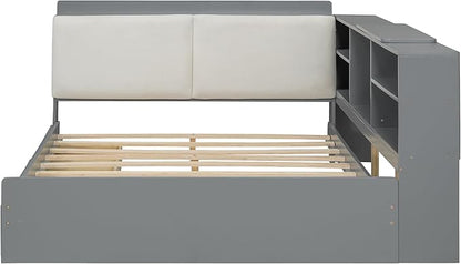 Ball & Cast Full Size Wooden Storage Daybed Frame, Modern Platform Bed with Drawers & Flip Headboard & Shelves, L Shaped Full Floor-Bed w/Upholstered Headboard&Storage, No Box Spring Needed, Gray