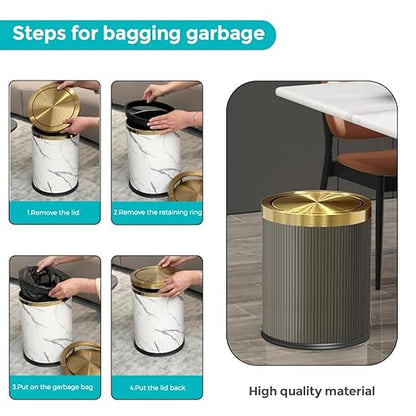 4 Gallon / 15L Trash Can Bathroom with Swing Lid, Grey Gold Garbage Can, Leather Modern, Large Office Waste Basket, for Bedroom, Kitchen, Powder Room, Hotel, Business(15L Grey)