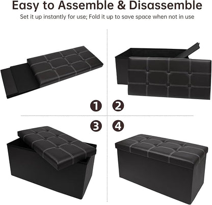 xupersodys 30 Inches Folding Storage Ottoman Bench, Faux Leather Footrest Ottoman, Storage Trunk Footstool for Bedroom, Living Room and Hallway, Support 350lbs, Black (White line)