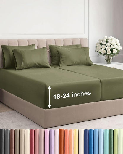 Extra Deep Split King Sheet Set - 7 Piece Breathable & Cooling Sheets - Hotel Luxury Bed Sheets Set - Easy Fit - Soft, Wrinkle Free & Comfy Sheets Set - Sage Green Sheet Set with Extra Deep Pockets