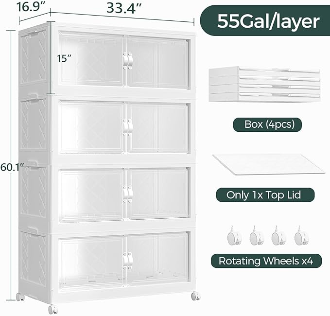 880QT Extra Large Stackable Storage Bins with Lid, 220Gal Collapsible Storage Box with Wheels and Doors, Plastic Closet Organizers and Storage Cabinet for Home Kitchen Office Dorm, 4Pack White