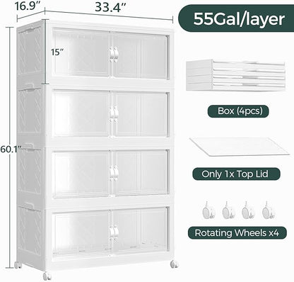 880QT Extra Large Stackable Storage Bins with Lid, 220Gal Collapsible Storage Box with Wheels and Doors, Plastic Closet Organizers and Storage Cabinet for Home Kitchen Office Dorm, 4Pack White