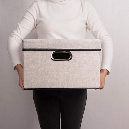PRANDOM Foldable Storage Bin with Lid [5-Pack] Linen Fabric Decorative Storage Box Organizer Container Basket Cube with Handles Divider for Closet Office Living Room Light Grey(14.9x9.8x9.8)