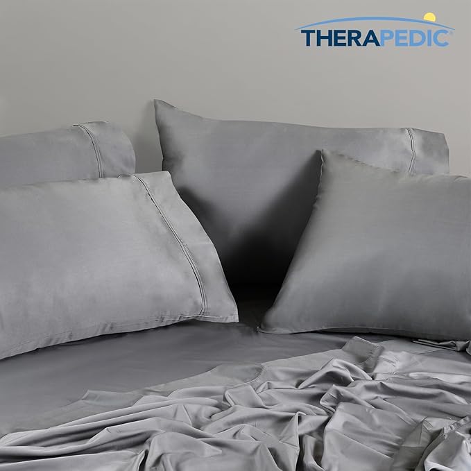 Therapedic 1000TC California King 6-Piece Sheet Set - 100% Organic Rayon Dervied from Bamboo Blend with Cooling Fiber,Ideal for Hot Sleepers - 16" Deep Pocket Fitted Sheet,Bonus Pillowcases-Dark Grey