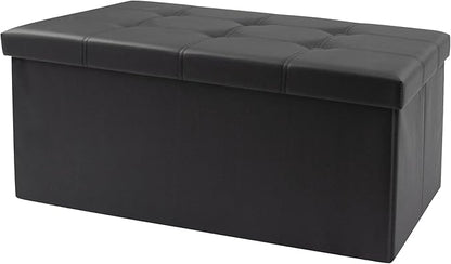 xupersodys 30 Inches Folding Storage Ottoman Bench, Faux Leather Footstool Ottoman, Storage Trunk Footrest for Bedroom, Living Room and Hallway, Support 350lbs, Black（Black line）