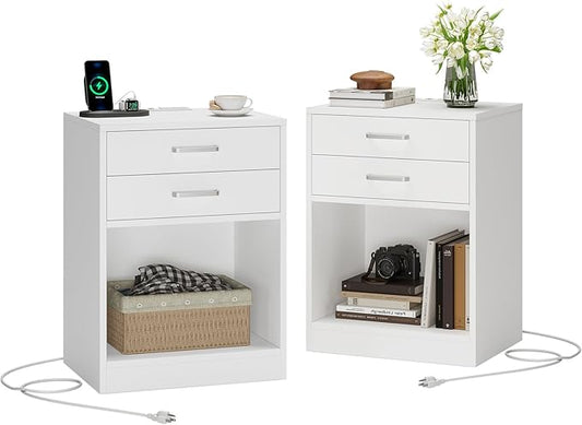 ADORNEVE Nightstands Set of 2,White Night Stand with Charging Station & Drawers,Night Stands for Bedrooms 2