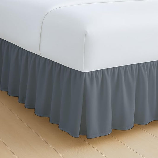 Rajlinen Ruffled Bed Skirt Full XL, 14 Inch Drop Dust Ruffle with Split Corners, 100% Microfiber Bedskirt with Platform, Three-Sided Coverage Ruffled Gathering Design, Dark Grey