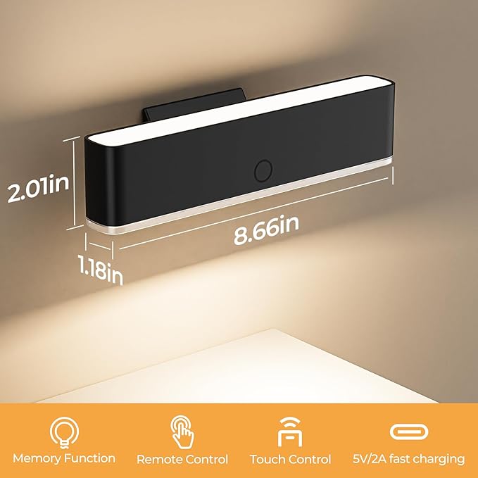 MOITA Magnetic Wireless Battery Operated Wall Sconce, Rechargeable Remote Control & Touch Control Wall Sconce, LED Wall Light for Bedroom, 3 Color Temperatures, 360° Rotatable (Black, 1-Pack)