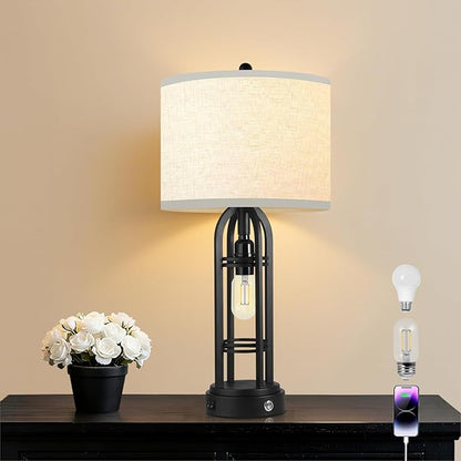 Black Table Lamps, Table Lamp with USB Port, 3 Color Temperatures, Stepless Dimming, Bedside Lamps, Bedroom Lamps, Farmhouse Lamps for Living Room(Bulbs Included)