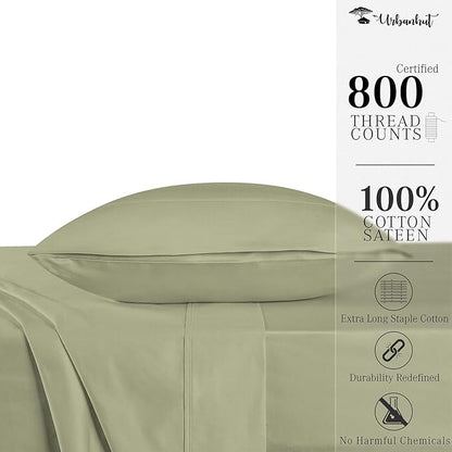 URBANHUT 800 Thread Count 100% Cotton Twin Size Sheets, Luxury 4 Piece Twin Bedsheets, Hotel Sheets Sateen Finish - Better Than Egyptian, 14" Elasticized Deep Pocket - Sage