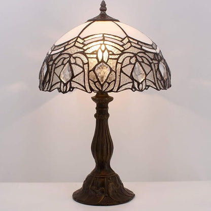 WERFACTORY Tiffany Lamp White Bent Stained Glass Bedside Table Lamp Desk Reading Light 12X12X18 Inches Decor Bedroom Living Room Home Office S508W Series