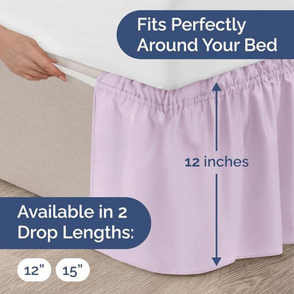 Wrap Around Dust Ruffle Bed Skirt - Light Lavender - for King Size Beds w/ 12 Inch Drop - Easy Fit Elastic Strap - Adjustable Pleated Bedskirt w/Brushed Fabric Wrinkle Free, Women, Men, Kids & Teens
