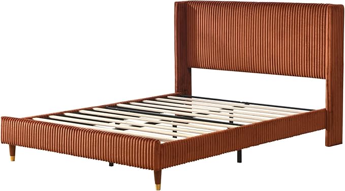 PINJU Full Size Bed Frame, Upholstered Platform Bed with Modern Vertical Striped Wingback Headboard with Wooden Slats, Easy to Assemble No Noise Free (OCHER, Full)