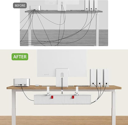 KEEGH No Drill Under Desk Cable Management Tray - 28" Cord Management Under Desk - Clamp/Screw Mount - Support Upto 70lbs - Fabric Wire Management - Gaming/PC Cable Raceways for Office/Home, White