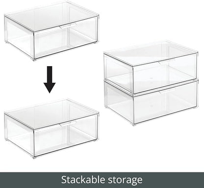 mDesign Plastic Stackable Bathroom Storage Organizer Bin Containers with Front Pull Drawer for Bathroom Countertop, Vanity, Closet Shelves - Holder for Accessories - Lumiere Collection, 2 Pack, Clear