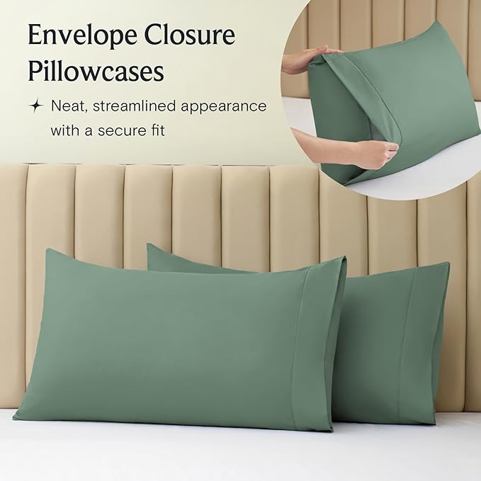 LuxClub 4 PC Queen Sheet Set, Deep Pockets Wrinkle Free Cooling Bed Sheets Hotel Bedding for Women, Men, Includes 1 Fitted Sheet, 1 Flat Sheet and 2 Pillowcases-Soft Tree Moss Green