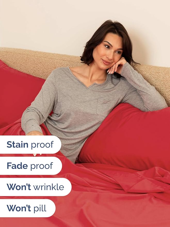 Extra Deep Split King Sheet Set - 7 Piece Breathable & Cooling Sheets - Hotel Luxury Bed Sheets Set - Easy & Secure Fit - Soft, Wrinkle Free & Comfy Sheets Set - Red Sheet Set with Extra Deep Pockets