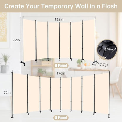 Room Divider Folding Privacy Screens with Wheels, 6FT Tall Divider for Room Separation, Movable Room Partitons and Dividers, Indoor Room Dividers Panel with Fabric (Beige, 6 Panel-132‘’-Wheels)