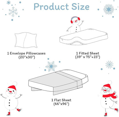 JSD Snowman Kids Sheet Set Twin Size, 3 Piece Blue Snowflakes Christmas Printed Microfiber Sheets Deep Pocket