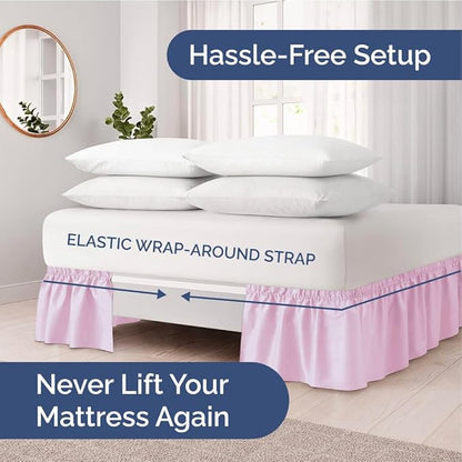 Wrap Around Dust Ruffle Bed Skirt - Light Pink - for Queen Size Beds with 21 Inch Drop - Elastic Strap - Adjustable Pleated Bedskirt with Brushed Fabric and Wrinkle Free - For Women, Men, Kids & Teens