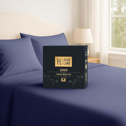 Hyde Lane Luxury 1000 Thread Count 100% Cotton Sheets | Very Soft & Thick - Fits Upto 20" Mattress | Sateen Weave Bed Sheets 18" Deep Pocket- 4 PC Sheet Set (Navy, California King)
