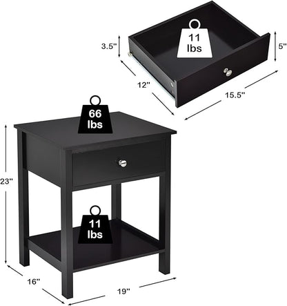 Giantex Nightstand, Wood End Table with Drawer and Open Shelf, Night Stand for Small Spaces, 2-Tier Bedside Table for Living Room Bedroom Dorm, Easy Assembly, Black