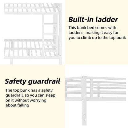 Full XL Bunk Bed Frame, Heavy Duty Metal Loft Bed for Adults/Teens, 350/500LB Capacity w/Ladder & Guardrail, Noise-Free Steel Slats, No Box Spring Required, White