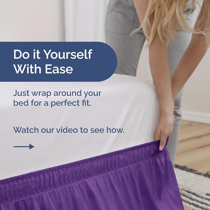 Wrap Around Dust Ruffle Bed Skirt - Purple - for Full Size Beds with 24 Inch Drop - Easy Fit Elastic Strap - Adjustable Pleated Bedskirt w/Brushed Fabric - Wrinkle Free - for Women, Men, Kids & Teens
