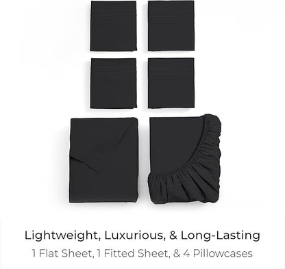 Mellanni California King Sheet Set - 6-Piece Iconic Collection Bedding, (Including 4 Pillowcases), 16-Inch Deep Pocket, Easy Care, Extra Soft, Cooling Sheets, Brushed Microfiber - Black