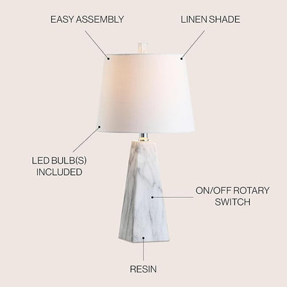 JONATHAN Y JYL1037A 20.5" Modern White Marble Table Lamp, Contemporary Geometric Resin Bedside Nightstand Lamp for Living Room, Bedroom, Office, End Table with White Linen Shade (LED Bulb Included)