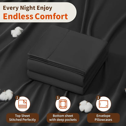 LBRO2M 1000 Thread Count 100% Egyptian Cotton Sheets Set Twin XL, 3 Piece Sets Bed Sheet Deep Pocket Sheet Set 16" Soft Comfortable All Season (Twin XL, Black)
